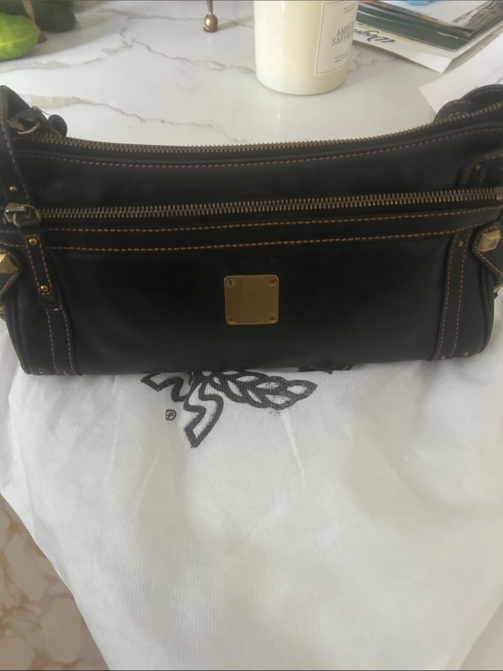 MCM Black Leather Shoulder Bag with Gold Hardware